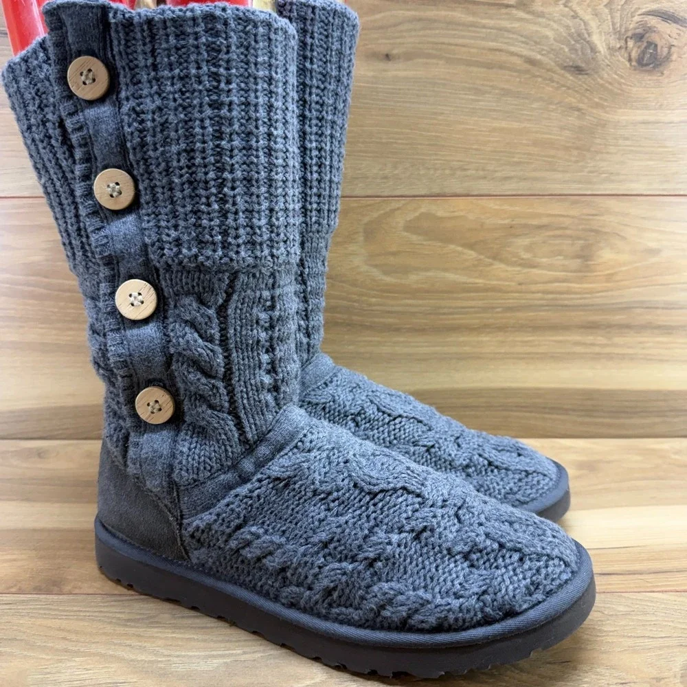 UGG Lattice Cardy Swear Knit Boots Womens 9 Gray Brown Button Cozy Cottagecore